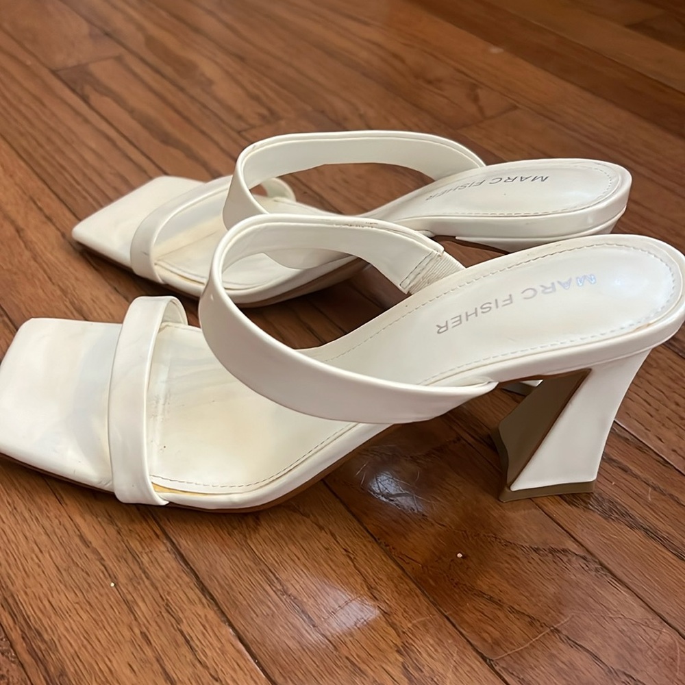 White Square Toed Heeled Sandals
